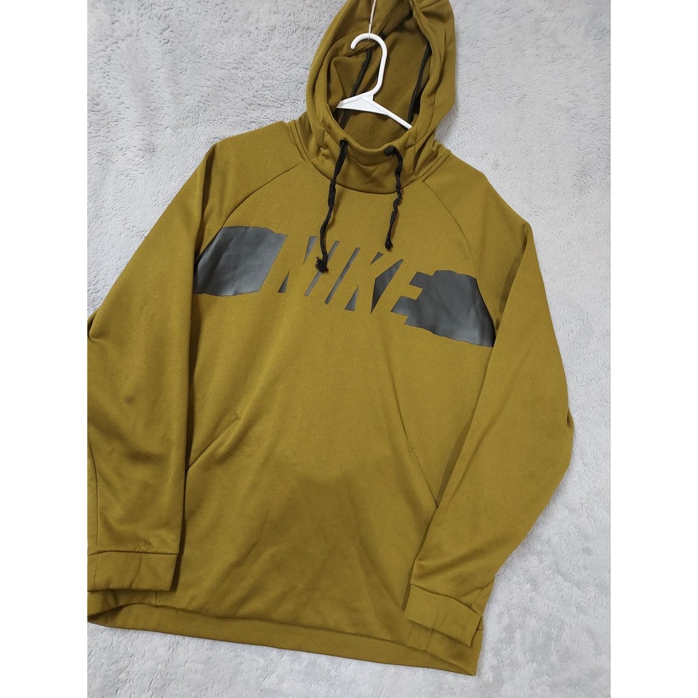 Nike Pullover Mens Large Dri Fit Hoodie Graphic Logo Olive Green Spellout Fleece